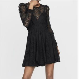 NWT Maje Rizone Lace Fit Flare Dress Long Sleeve Black Embroidered Sz 1